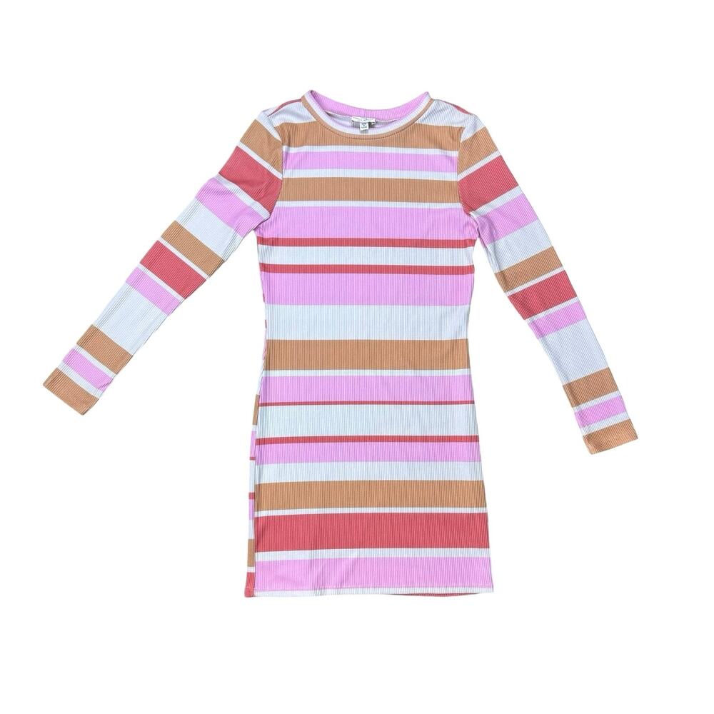 Miss Selfridge Pink Orange Stripe Ribbed Long Sleeve Bodycon Fitted Mini Dress